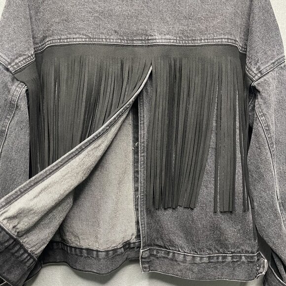 Tov Noir Womens Fringe Back Gray Denim Jacket Size 38 Button-Front - Picture 9 of 9